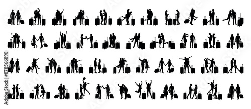 Travel couple traveling with luggage bags various poses vector silhouettes set collection. Romantic couple with suitcases black silhouette set.