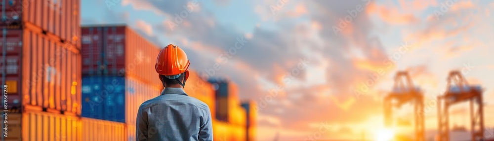 Construction worker in hardhat looking at shipping containers at sunset. Construction worker in hardhat looking at shipping containers at sunset.