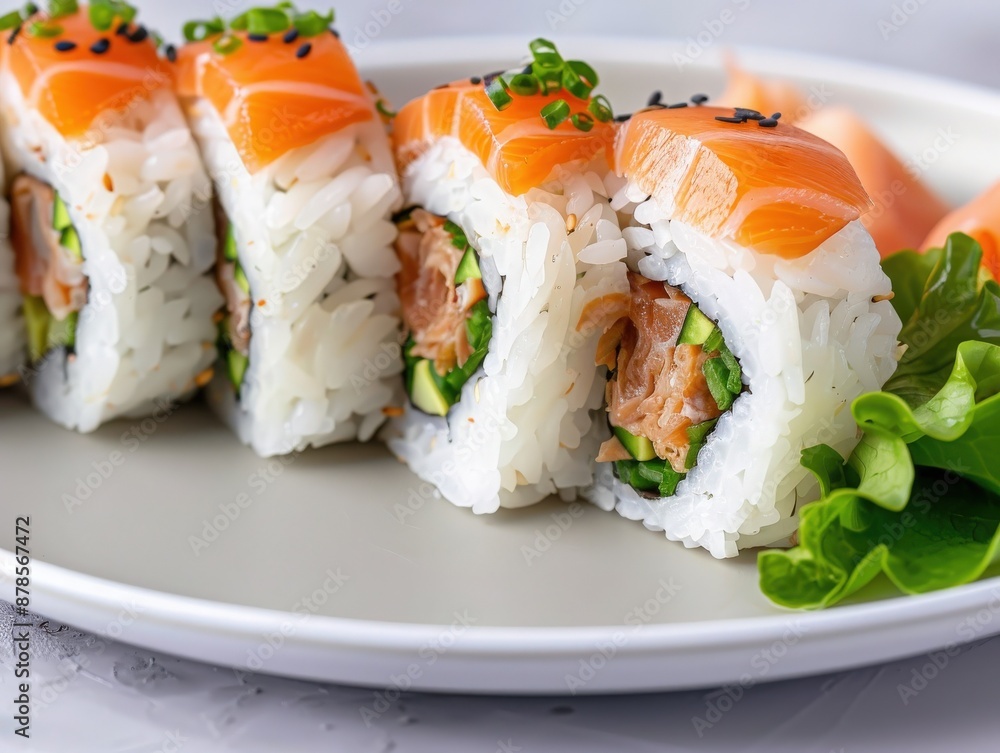 Close-up of fresh salmon sushi roll served on a white plate with garnishes, perfect for culinary presentations and food photography. Close-up of fresh salmon sushi roll served on a white plate with garnishes, perfect for culinary presentations and food photography.