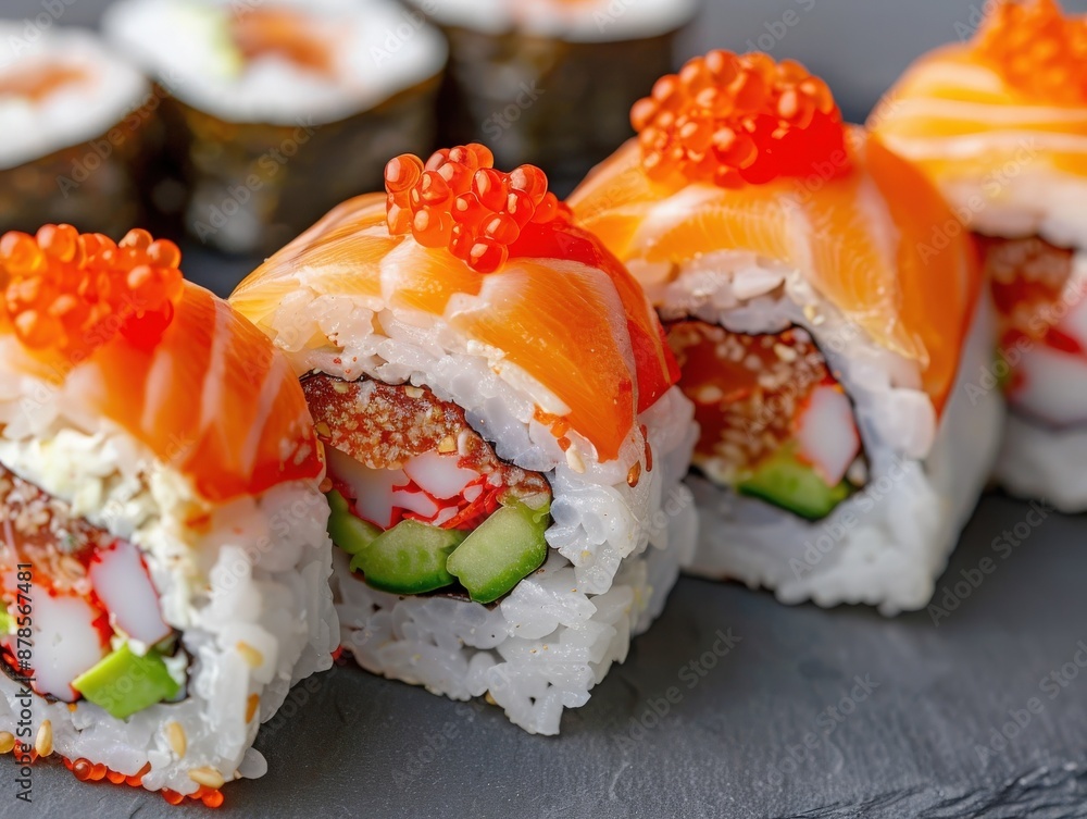 Close-up of sushi rolls with fresh salmon, cucumber, and roe on a slate plate, ready to be enjoyed at your next Asian cuisine meal. Close-up of sushi rolls with fresh salmon, cucumber, and roe on a slate plate, ready to be enjoyed at your next Asian cuisine meal.