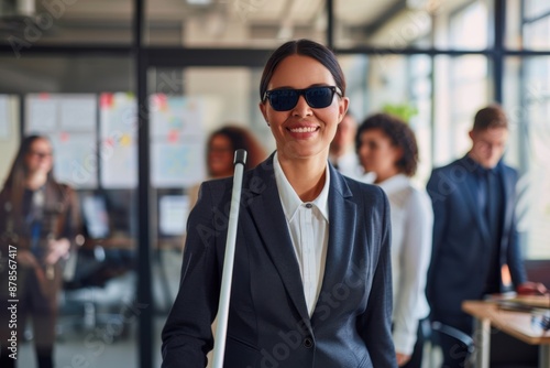 A blind Latin American businesswoman leading an important meeting of her company