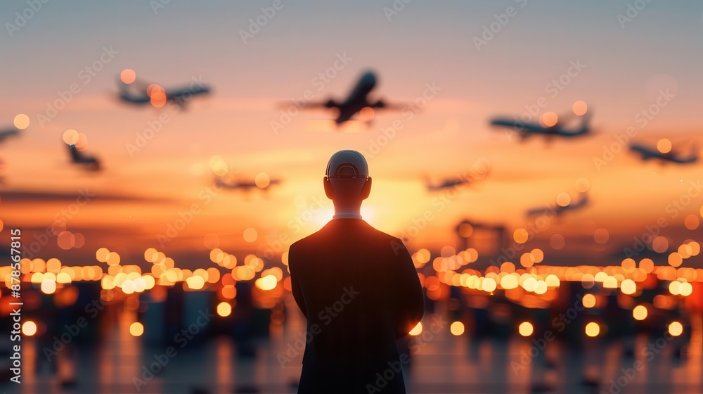 Fototapeta premium Silhouette of a man watching airplanes taking off at sunset.