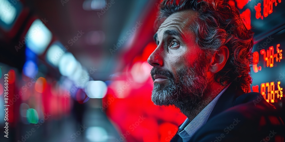Investor Desperately Monitoring Steep Declines in Stock Market Amid Bear Market Turmoil, Dramatic Lighting Enhancing Emotional Impact Investor Desperately Monitoring Steep Declines in Stock Market Amid Bear Market Turmoil, Dramatic Lighting Enhancing Emotional Impact