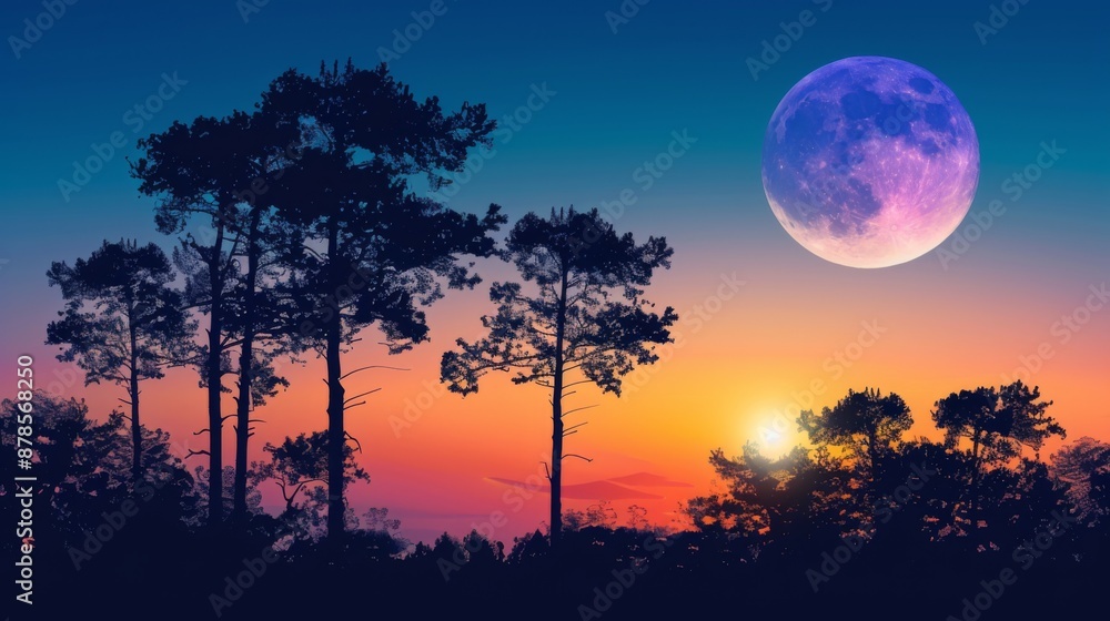 A serene landscape featuring the silhouette of trees against a dusk sky with the setting sun and a rising moon in the backdrop A serene landscape featuring the silhouette of trees against a dusk sky with the setting sun and a rising moon in the backdrop