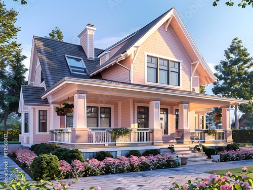 Elegant newly constructed suburban Craftsman house in light peach, featuring a large porch and blooming flowerbeds