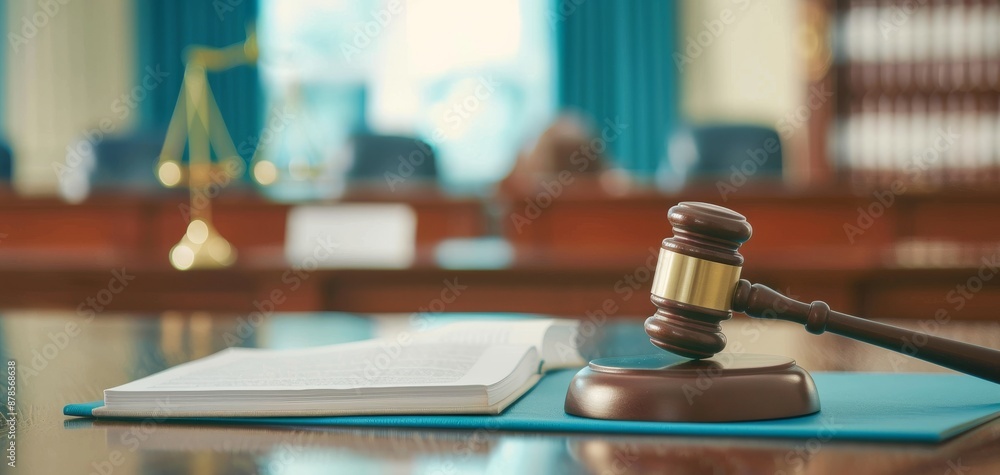 Judge's gavel and legal books on a desk in a courtroom, symbolizing law and justice. Ideal for legal or judiciary concepts. Attorneys advocating for just judgements in the courthouse Judge's gavel and legal books on a desk in a courtroom, symbolizing law and justice. Ideal for legal or judiciary concepts. Attorneys advocating for just judgements in the courthouse