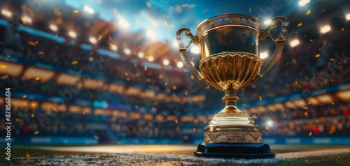 Golden trophy on a stadium background, symbolizing victory and achievement in sports under bright lights and cheering crowd. Celebrating champions with rewards for their outstanding success