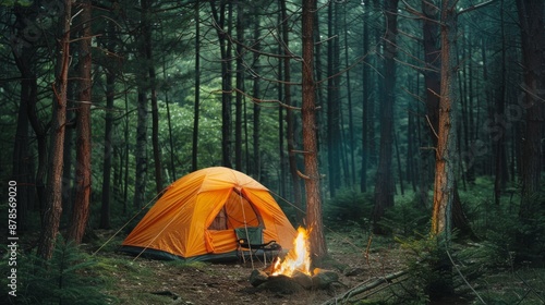 Camping in the Forest with a Bonfire