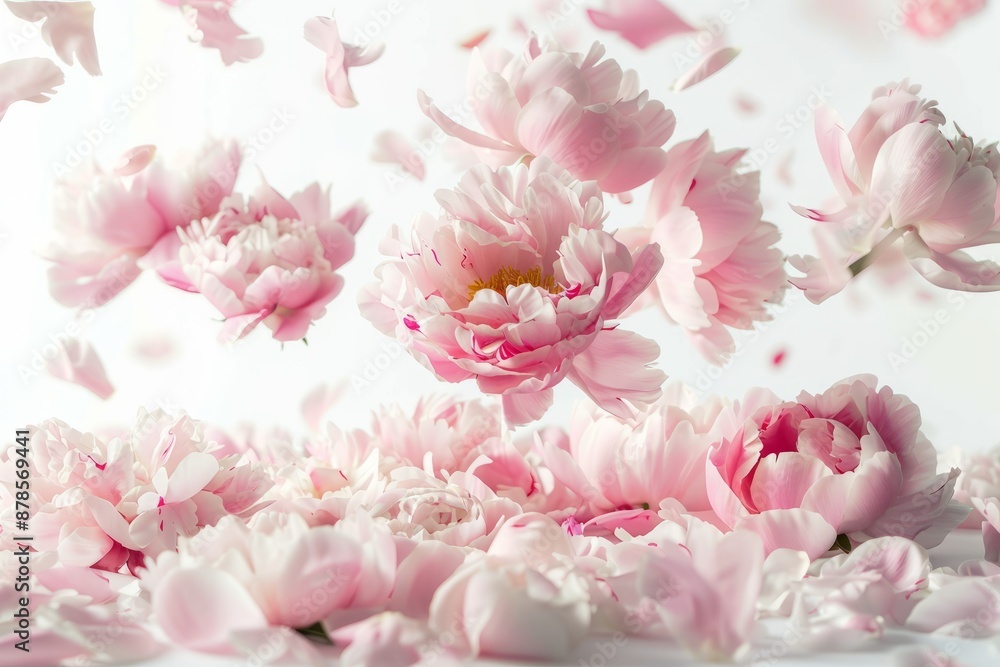 Light pink Peonies white falling in the air on white background Light pink Peonies white falling in the air on white background