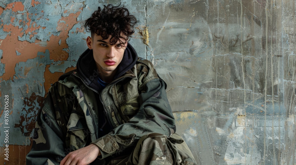 Fototapeta premium Man in camo leans against wall, eyes down