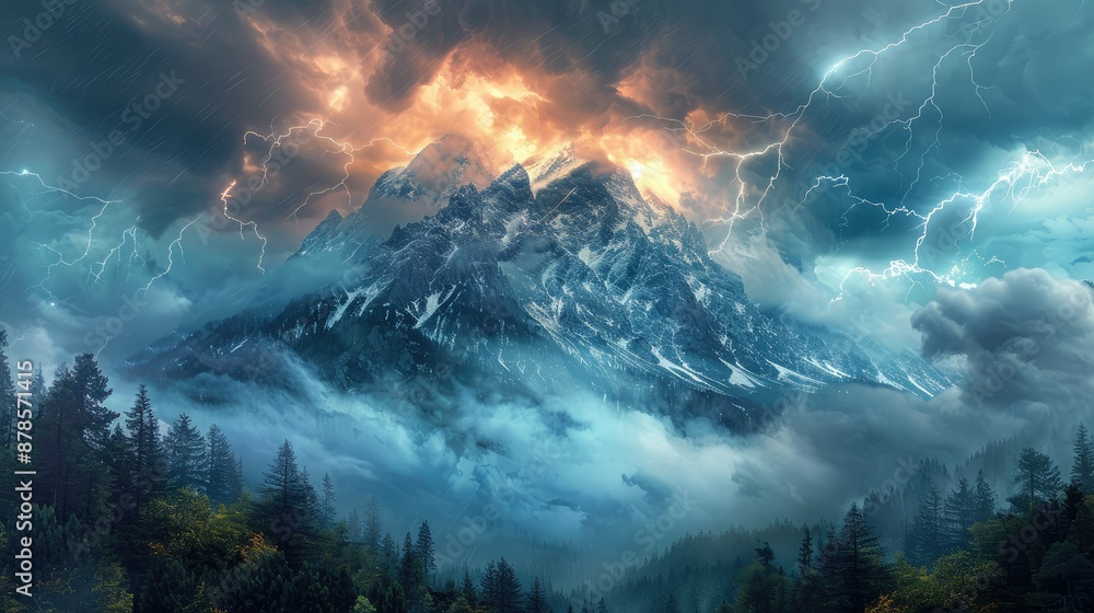 A dramatic thunderstorm over a rugged mountain peak A dramatic thunderstorm over a rugged mountain peak