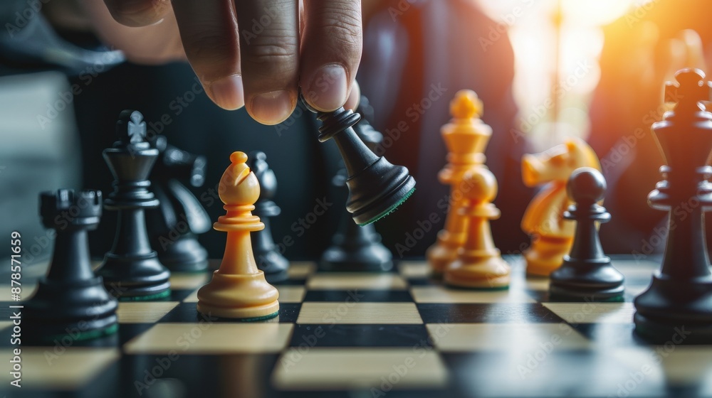 A man is playing chess with a black and white piece A man is playing chess with a black and white piece