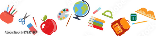 School supplies flat vector border. Back to school concept. Back to school background or frame with school supplies. Ruler, notebook, watercolor , crayons,backpack,pen, globe,book,pencil,brush,rubber.