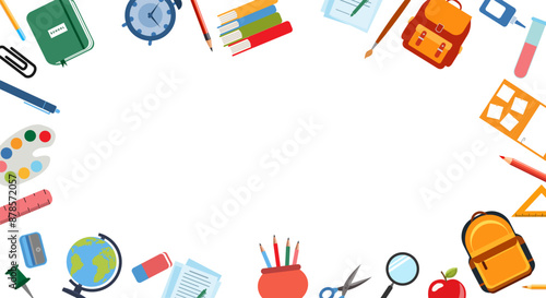School supplies flat vector border. Back to school concept. Back to school background or frame with school supplies. Ruler, notebook, watercolor , crayons,backpack,pen, globe,book,pencil,brush,rubber.