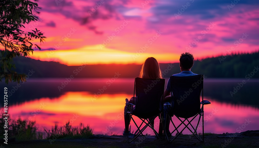 lovely couple sitting on camping chair and watching lake, dramatic sunset colors painting the sky
lovely couple sitting on camping chair and watching lake, dramatic sunset colors painting the sky