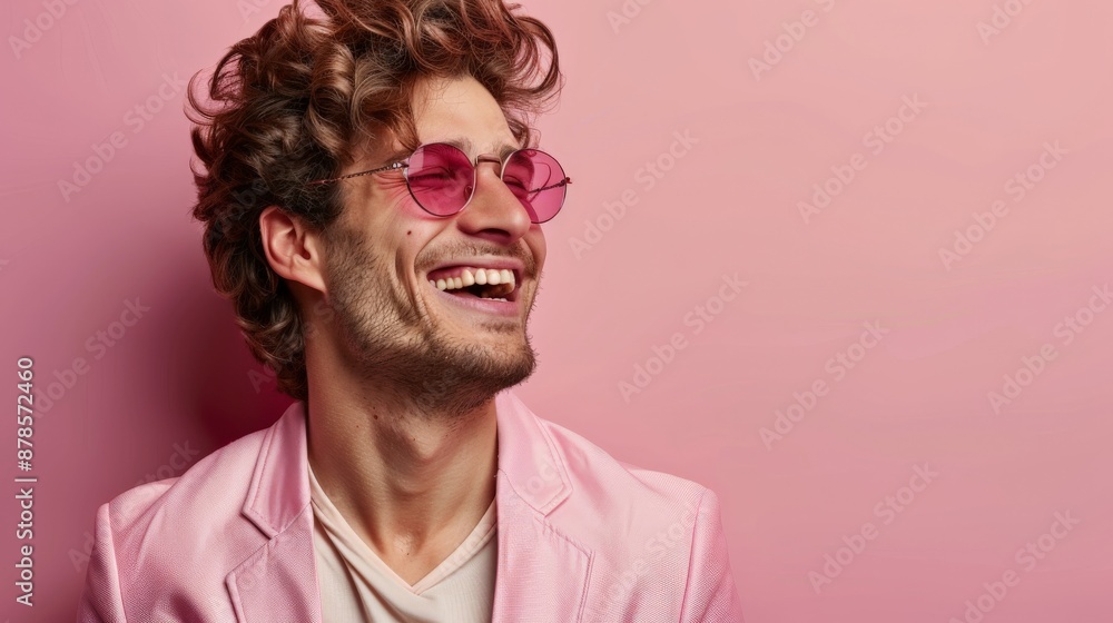 A man in a pink blazer smiles broadly against a pink background A man in a pink blazer smiles broadly against a pink background