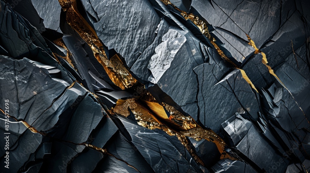 Gold Ore in Black Stone Layers, Textured Background Close-Up