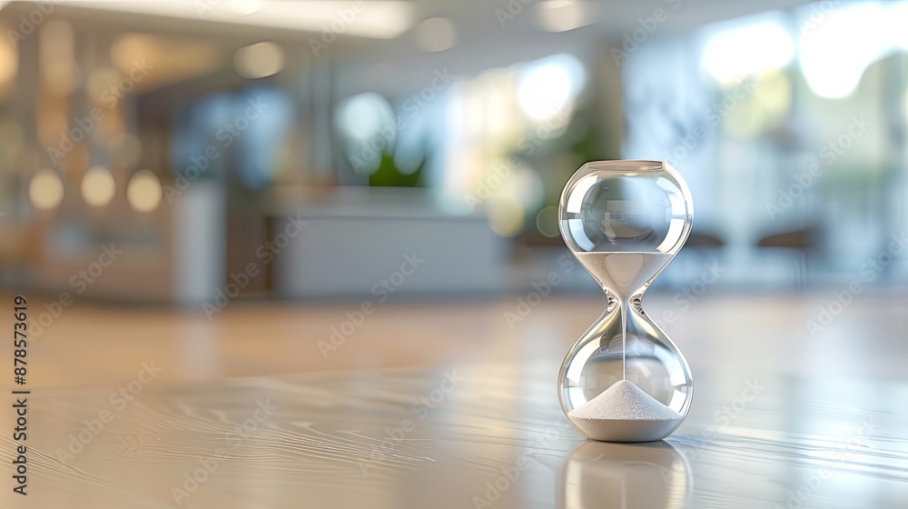 Hourglass on a Wooden Table with a Blurred Office Background. Hourglass on a Wooden Table with a Blurred Office Background.
