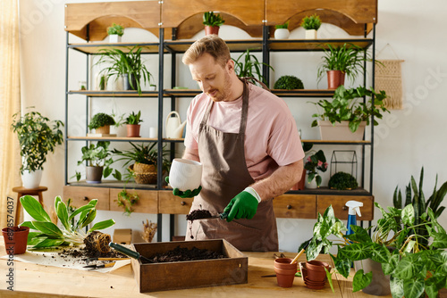 A man in an apron and gloves tenderly waters a variety of lush plants in a vibrant plant shop.