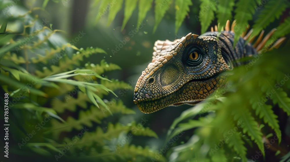 A dinosaur raptor lurks among prehistoric ferns. Realistic raptor dinosaur with sharp eyes in the forest looking for prey. A dinosaur raptor lurks among prehistoric ferns. Realistic raptor dinosaur with sharp eyes in the forest looking for prey.