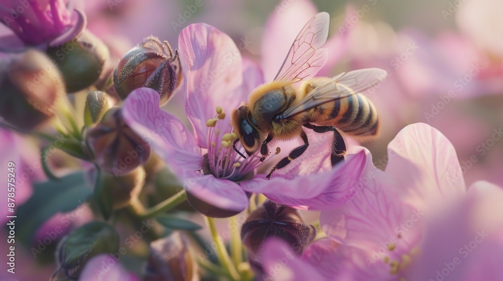 Honeybee Gathering Pollen on a Pink Blossom Honeybee Gathering Pollen on a Pink Blossom