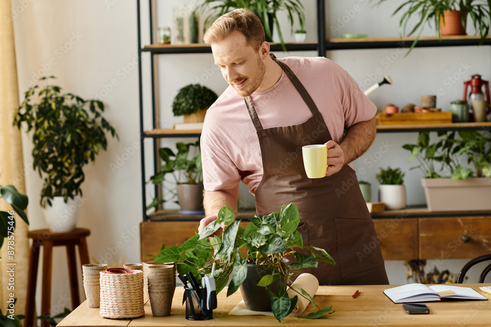 A handsome man in an apron enjoying a coffee break at his plant shop, embodying the concept of owning a small business. A handsome man in an apron enjoying a coffee break at his plant shop, embodying the concept of owning a small business.