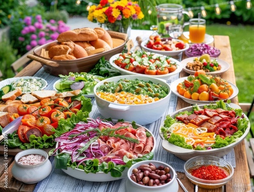 An outdoor dinner gathering with a long table spread with a variety of dishes, including fresh salads, roasted meats, and bread, under string lights in a garden 