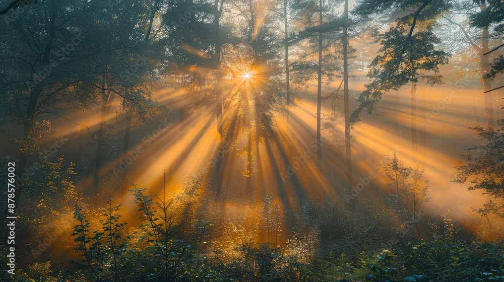A misty morning in a dense forest with sun rays filtering through A misty morning in a dense forest with sun rays filtering through