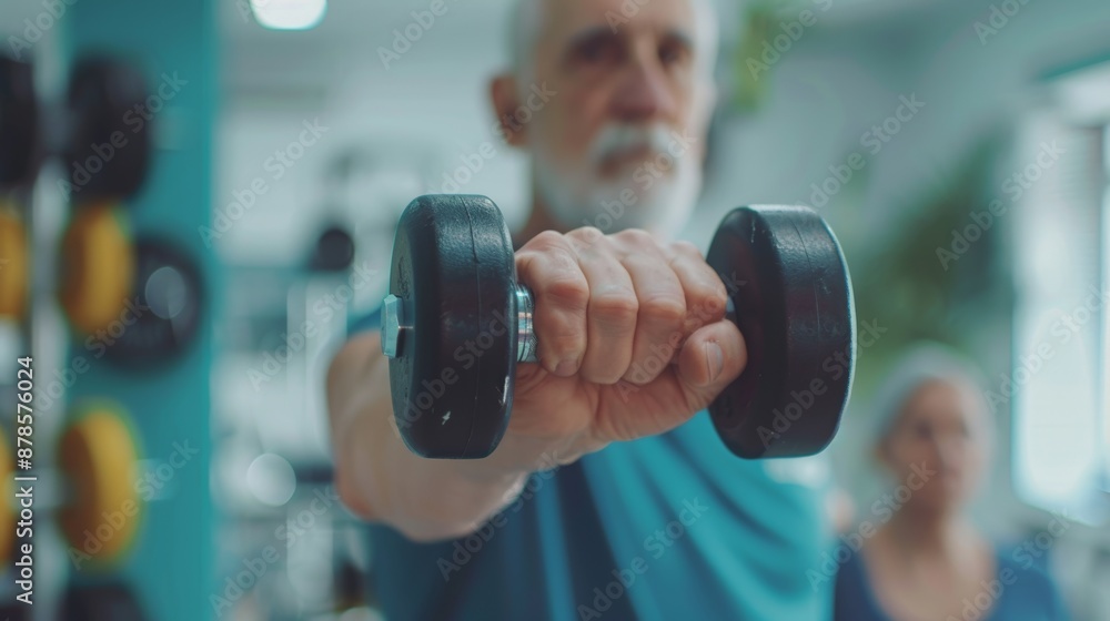 Senior man lifting a dumbbell for Physical Therapy in clinic with physiotherapist. Senior man lifting a dumbbell for Physical Therapy in clinic with physiotherapist.