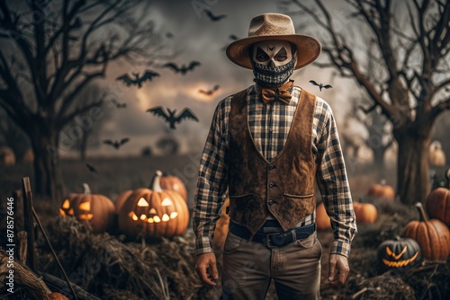 The concept of the Halloween holiday. Horror. Fear. A scary scarecrow with a pumpkin for a head, in a plaid shirt and a bow tie. Banner, postcard.