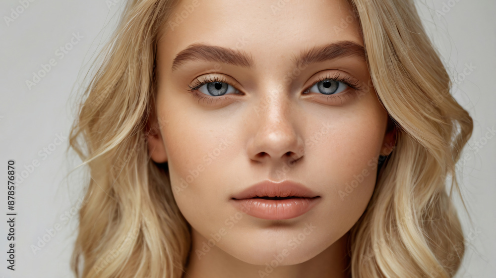 Close-up photo of beautiful blonde model with shiny perfect skin. Beauty makeup commercial cover Close-up photo of beautiful blonde model with shiny perfect skin. Beauty makeup commercial cover
