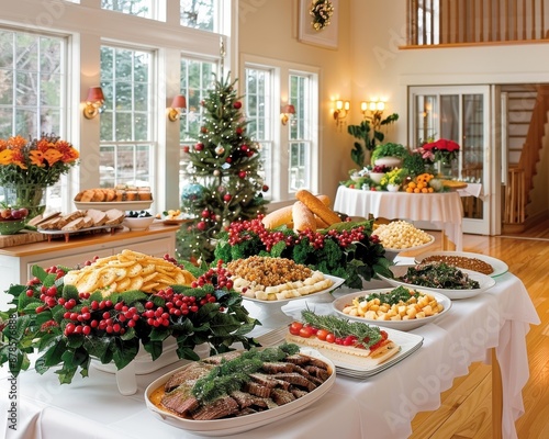 A winter dinner party with ice carvings and a spread of hearty seasonal dishes like beef stew, mashed potatoes, and gingerbread cookies, in a warmly decorated dining room  © bteeranan