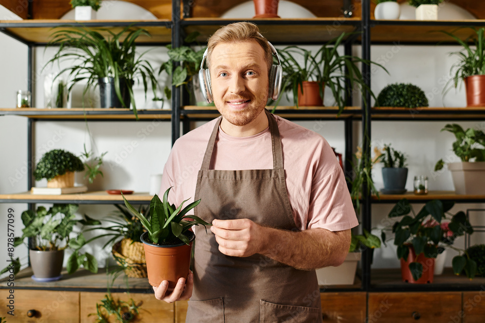 A man in an apron carefully holds a potted plant, showcasing his dedication to his small florist business. A man in an apron carefully holds a potted plant, showcasing his dedication to his small florist business.