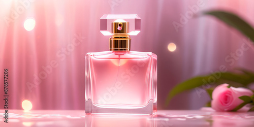 pink advertising of elite perfumes on the background of a tropical waterfall