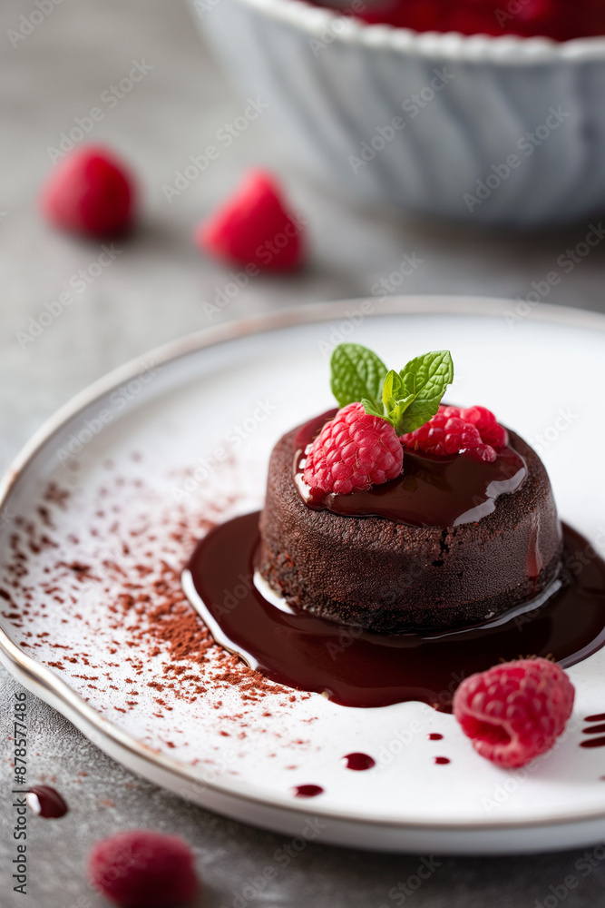 Plate with delicious Chocolate fondant, Berries and mint on grey table, closeup Plate with delicious Chocolate fondant, Berries and mint on grey table, closeup