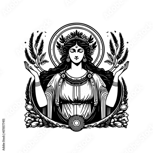 Goddess Hera illustration. Goddess Juno illustration. Simple Hera black and white illustration. Roman goddess Juno. Greek Goddess Hera. Greek mythology. Roman mythology