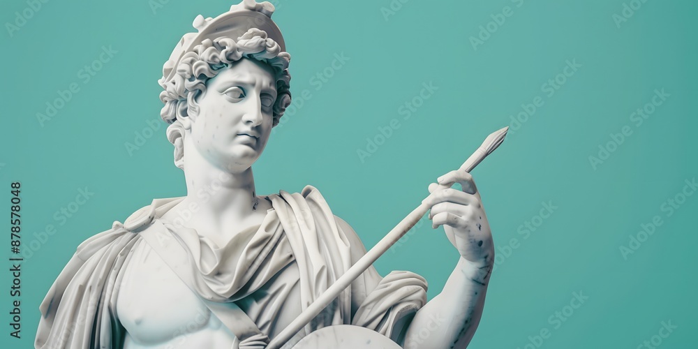Obraz premium A marble statue of a Renaissance artist, holding a paintbrush and palette, set against a pastel teal background 