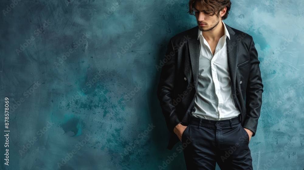 Man in blazer and shirt stands by teal wall Man in blazer and shirt stands by teal wall