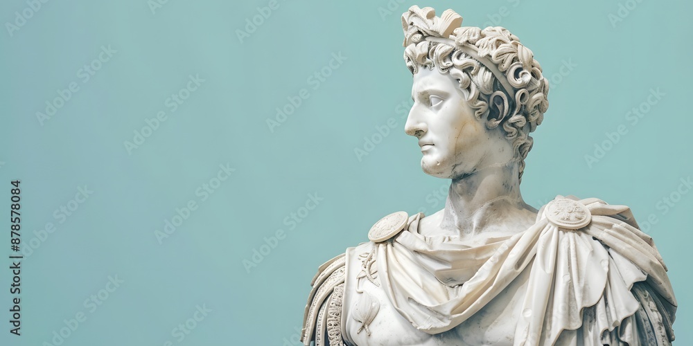 Naklejka premium A marble statue of a Roman emperor with a detailed robe and laurel wreath, set against a pastel blue background