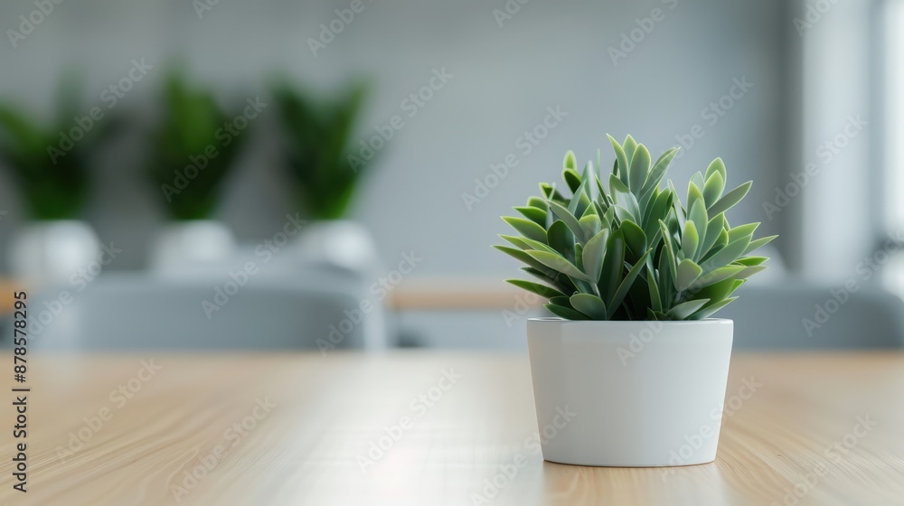 Fototapeta premium A small potted plant on a wooden desk with blurred background, enhancing modern office decor with a touch of green.