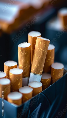 Close-Up Shot of Cigarette Pack with Partially Pulled-Out Cigarette Against Sleek Background photo