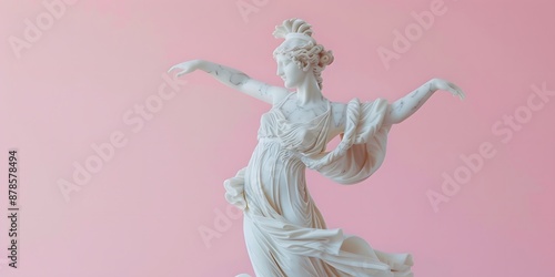 A marble statue of a dancing nymph, with flowing garments and delicate features, set against a pastel pink background