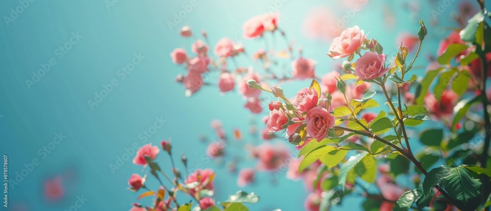 Beautiful spring border, blooming rose bush on a blue background. Flowering rose hips against the blue sky. Soft selective focus Beautiful spring border, blooming rose bush on a blue background. Flowering rose hips against the blue sky. Soft selective focus
