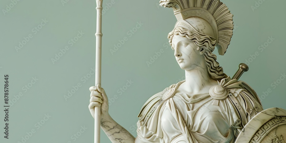 Obraz premium A marble statue of a mythical Greek hero, holding a spear and shield, with intricate details on the armor, set against a pastel green background