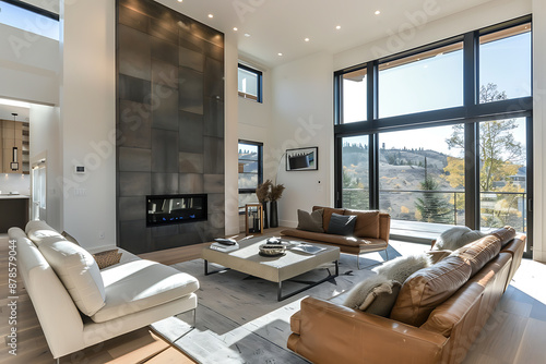 Modern living room with a fireplace, white and brown sofas, and a view of the mountains.