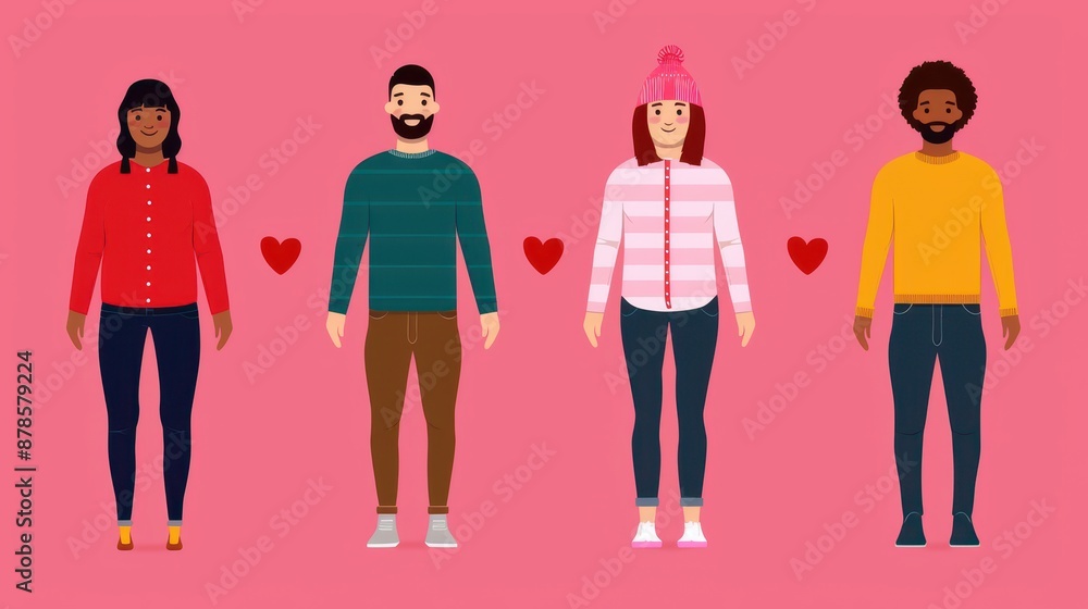 Diverse group of people standing in a row with heart icons. on a pink background, showing unity and love. Diverse group of people standing in a row with heart icons. on a pink background, showing unity and love.
