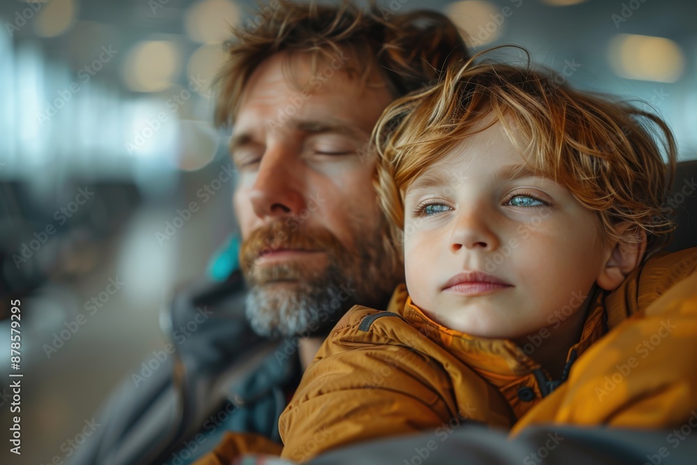 A father and son rest together closely, with the young boy awake and the father sleeping, capturing a warm and protective moment of closeness and security. A father and son rest together closely, with the young boy awake and the father sleeping, capturing a warm and protective moment of closeness and security.