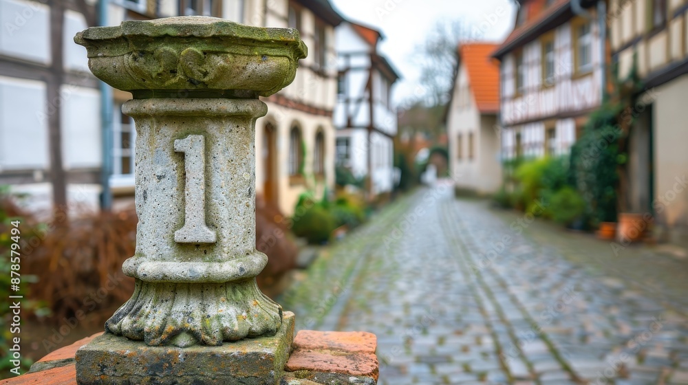 Historic cobblestone street in a European village with a stone pillar marked number one in the foreground, showcasing charming architecture. Historic cobblestone street in a European village with a stone pillar marked number one in the foreground, showcasing charming architecture.