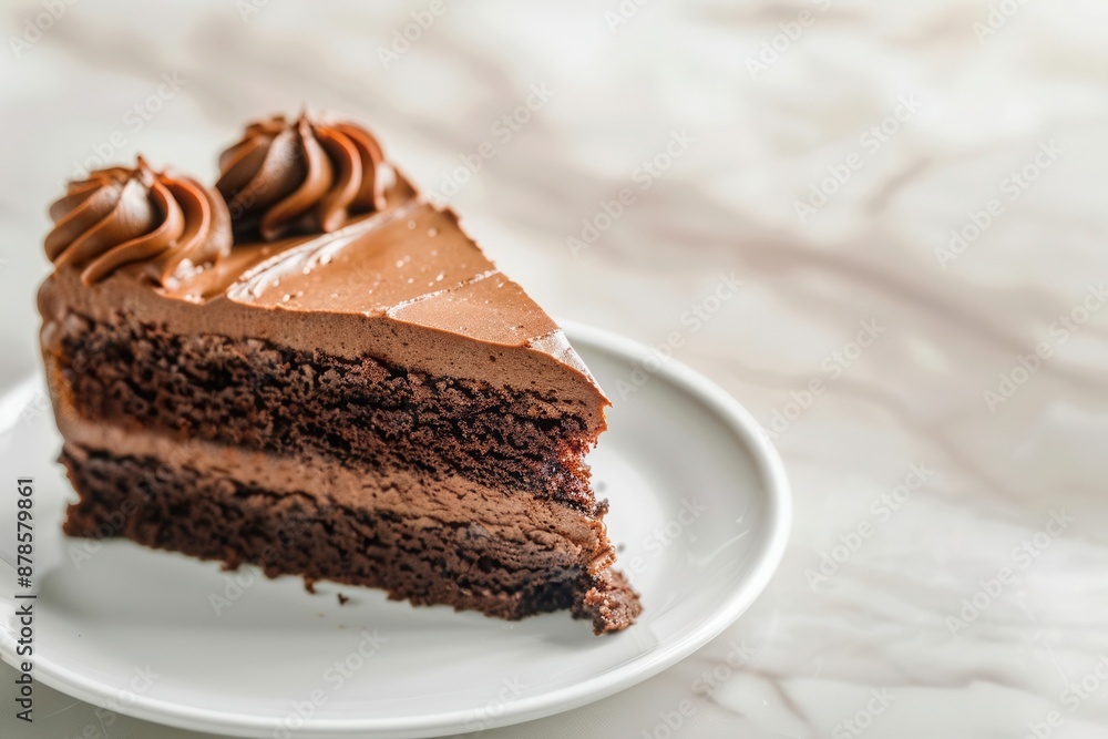 A delicious slice of rich, chocolate cake on a white plate, perfect for dessert lovers. The creamy frosting adds a delightful touch to the decadent dessert. A delicious slice of rich, chocolate cake on a white plate, perfect for dessert lovers. The creamy frosting adds a delightful touch to the decadent dessert.