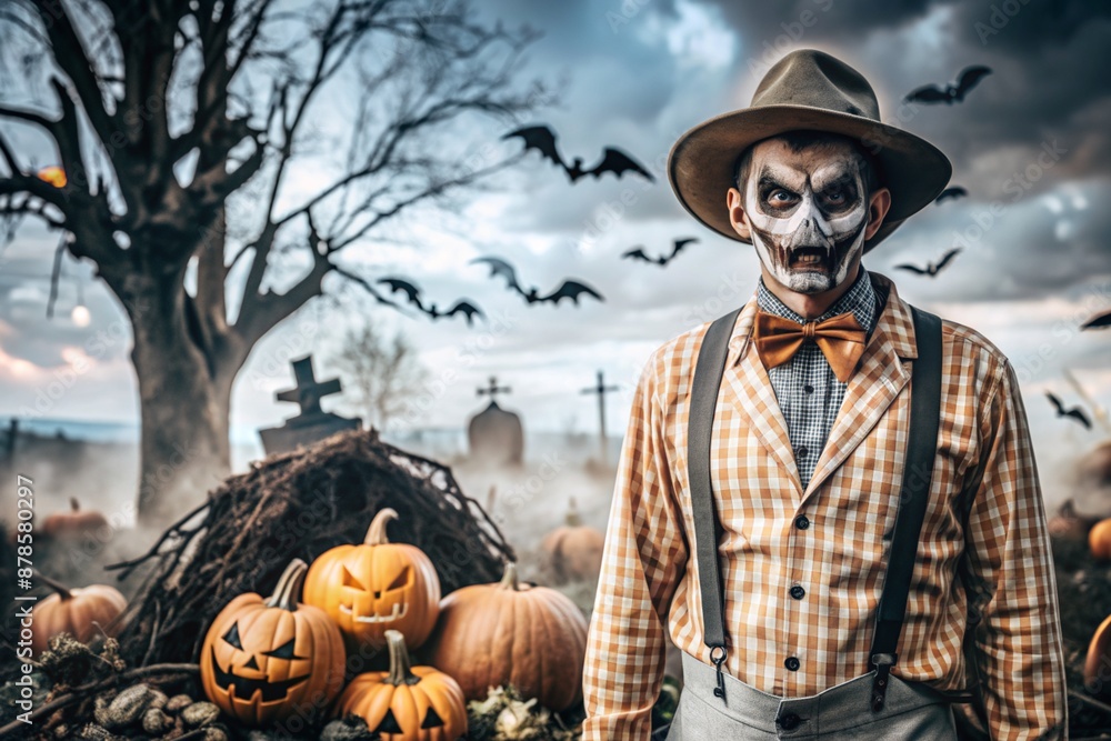 The concept of the Halloween holiday. Horror. Fear. A scary scarecrow with a pumpkin for a head, in a plaid shirt and a bow tie. Banner, postcard. The concept of the Halloween holiday. Horror. Fear. A scary scarecrow with a pumpkin for a head, in a plaid shirt and a bow tie. Banner, postcard.